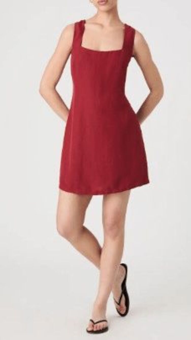 French Connection Women's Size 14 Brick Red Birdie Linen Square Neck Dress